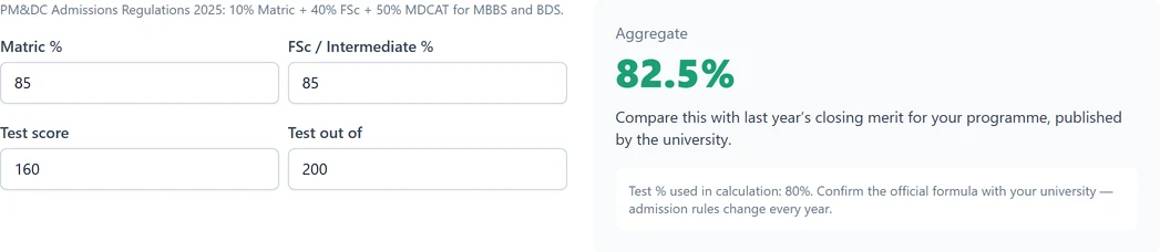 MDCAT aggregate calculator with Matric 10%, FSc 40% and MDCAT 50% weights and the resulting aggregate percentage