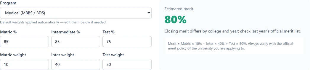 Pakistan merit calculator with Matric, FSc and entry-test percentages, adjustable weights and the resulting admission merit percentage